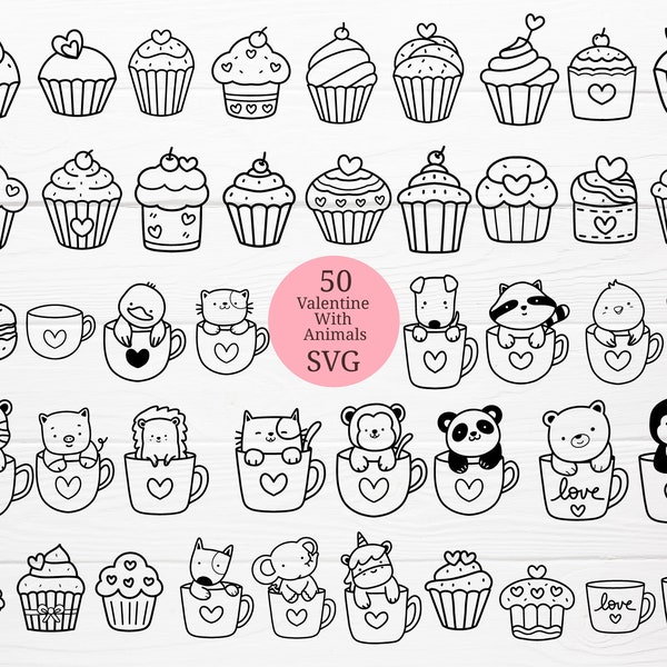 50 Animals With Cupcake,Bundle  Valentine SVG For Cut file, animal hand drawn,love sv,style,svg,dxf,png,eps, for cricut Silhouette,Cameo