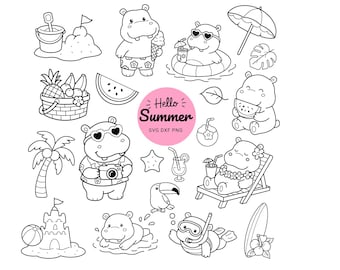Summer Hippo Cartoon SVG Bundle, Hand Drawn Animal Clipart, Flower Heart Design, Cricut Cut Files, PNG EPS Digital Download