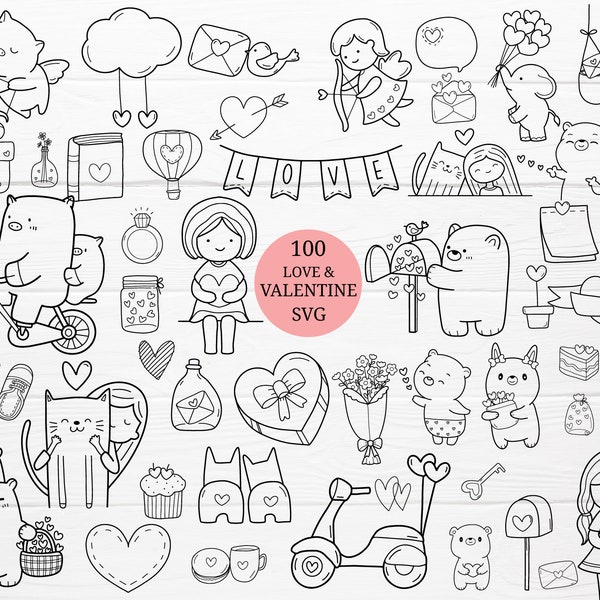 100 Valentijnsdag svg Bundel Voor Cut bestand, Liefde, schattig dier, element svg, Doodle, handgetekend, Cartoon, svg, dxf, voor cricut Silhouette, Cameo