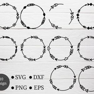 May include: Set of ten black and white arrow and heart wreath SVG cut files. The wreaths are perfect for adding a touch of boho style to your crafts.