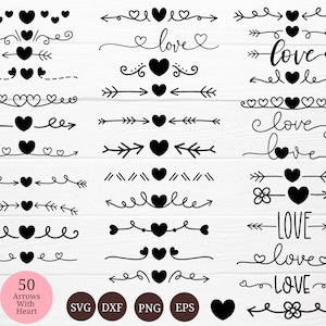 51 flechas SVG de San Valentín, SVG de flores, elemento, decoración, para archivo de corte, flecha de amor SVG, SVG de corazón, garabato, dibujado a mano, SVG de arte lineal, silueta, Cricut