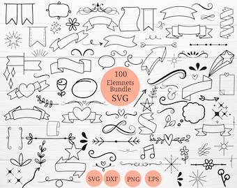 May include: A collection of 100 hand-drawn elements in black, including banners, stars, hearts, arrows, and floral designs. The image includes the text "100 Elements Bundle SVG" and file type icons for SVG, DXF, PNG, and EPS.