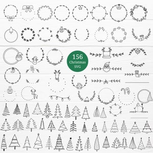 156 kerstkrans svg bundel, rand, bloemen kerstboom svg gesneden bestand, kerstman, vrolijk kerstfeest, getekend, svg, dxf, png, eps, cricut silhouet
