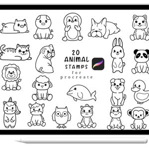 20 Animals Procreate Stamps, Cute Animal Cartoon Doodle,hand drawn, Brush for Procreate