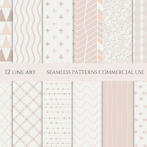 Pode incluir: Doze padrões sem costura em um esquema de cores rosa claro e branco. Os padrões incluem formas geométricas, linhas e pontos. O texto "12 Line Art Seamless Patterns Commercial Use" está na parte superior da imagem.