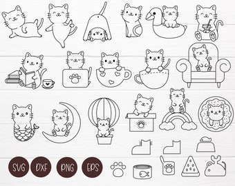 May include: A set of 20 black and white line art illustrations of cute cats in various poses and activities. The cats are depicted in a variety of settings, including a book, a cup, a donut, a hot air balloon, a rainbow, a moon, a fishbowl, a chair, and a bed. The illustrations are perfect for use in scrapbooking, card making, invitations, and other craft projects.