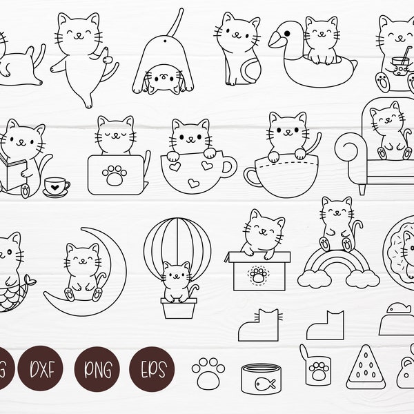 Paquete de dibujos animados de gatos SVG para archivo de corte, animal dibujado a mano, personaje de dibujos animados, gato lindo, garabato, para Cricut Silhouette, Cameo Active