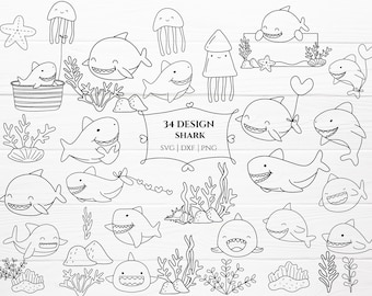 34 requin dessin animé poisson animal bundle svg, couper fichier, mer, nature SVG pour couper fichier, doodle style dessiné à la main, svg, png, eps, pour cricut