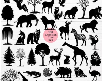 100 Wild Animals Black Silhouette Svg Bundle Tree Set Cut File,clipart hand wild animal clipart, tree clipart rabbit,lion svg,png for cricut