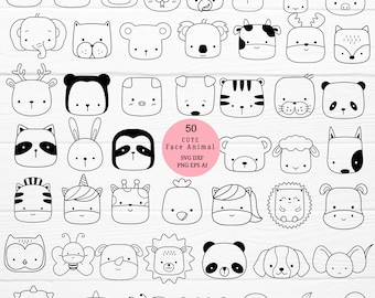 Könnte beinhalten: Ein Set mit 50 Schwarzweiß-Zeichnungen von niedlichen Tiergesichtern. Die Tiere umfassen eine Katze, einen Hund, einen Bären, ein Kaninchen, einen Panda, einen Tiger, einen Hirsch, eine Eule, einen Schmetterling und vieles mehr. Die Zeichnungen sind einfach und fantasievoll, perfekt für die Verwendung in Bastelarbeiten, Scrapbooking oder digitalem Design.