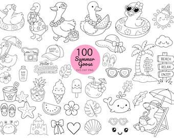 100 Summer Goose Cartoon SVG Bundle, Hand Drawn Animal Clipart, Sea Animals, Flower Heart Design, Cricut Cut Files, PNG EPS Digital Download