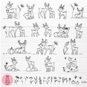 Herten cartoon bundel svg voor gesneden bestand, kerst dieren gesneden bestand, bloem svg, dieren hand getekende stijl, svg, png, eps, voor de cricut