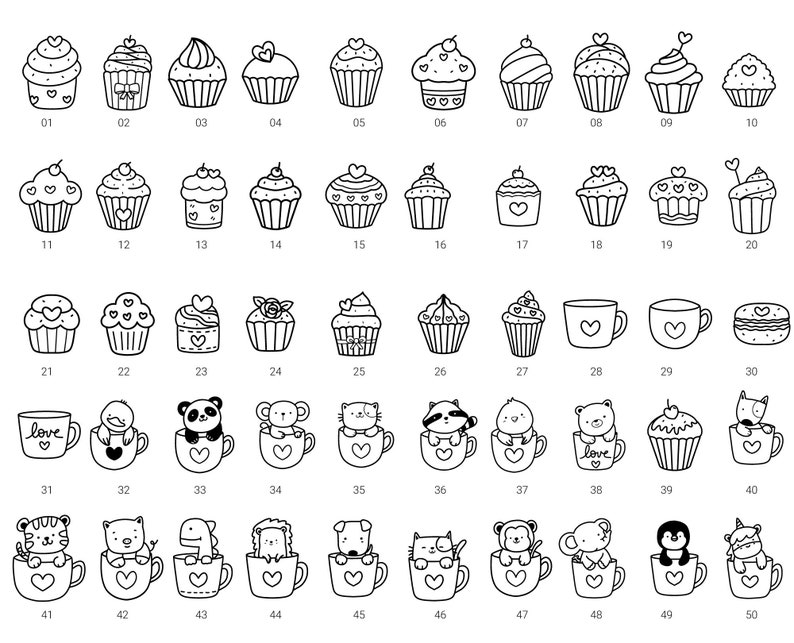 50 Animals With Cupcake,Bundle Valentine Procreate Stamps, Abstract Doodle,hand drawn, Procreate ,Love stamp brush,cute animals cartoon image 7