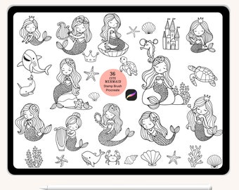36 mermaid cartoon Bundle Stamp brush for Procreate,Ocean animals fish, shell, crab,algae,aquatic,Doodle,brush,cute animals cartoon,