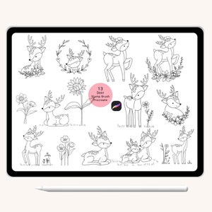 13 Deer Animals Bundle Stamp Procreate,Flower, Floral, Wildanimal,Forest Head Animal Outline,Abstract,Doodle,hand drawn,brush,cute animals