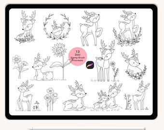 13 Deer Animals Bundle Stamp Procreate,Flower, Floral, Wildanimal,Forest Head Animal Outline,Abstract,Doodle,hand drawn,brush,cute animals