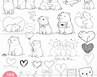 105 Cute Capybara Valentine SVG Bundle cartoon | Love Capybara Outline Cut Files | svg dxf png eps ai for Cricut & Silhouette