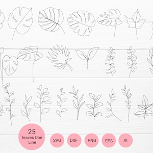 May include: A set of 25 line art leaf illustrations, including palm leaves, monstera leaves, and other foliage. The illustrations are in black and white and are perfect for use in digital or physical projects.