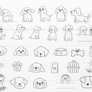 May include: A collection of black and white line art illustrations of various dog breeds and dog-related items. The images include full-body poses, dog faces, a dog bowl, a bone, a pet carrier, and a paw print.