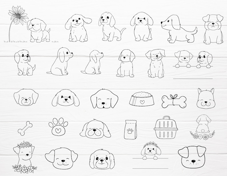 May include: A collection of black and white line art illustrations of various dog breeds and dog-related items. The images include full-body poses, dog faces, a dog bowl, a bone, a pet carrier, and a paw print.