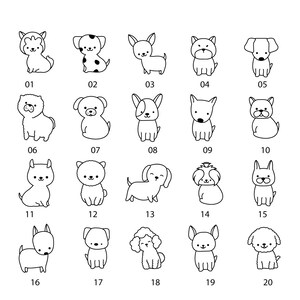 May include: A set of 20 black and white line drawings of different dog breeds. Each dog is numbered from 1 to 20.