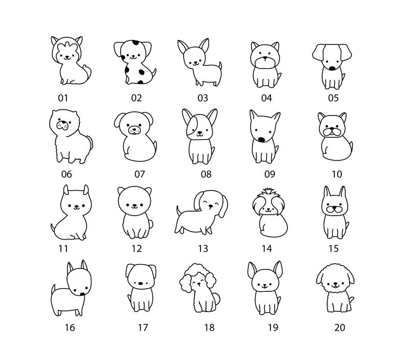 May include: A set of 20 black and white line drawings of different dog breeds. Each dog is numbered from 1 to 20.