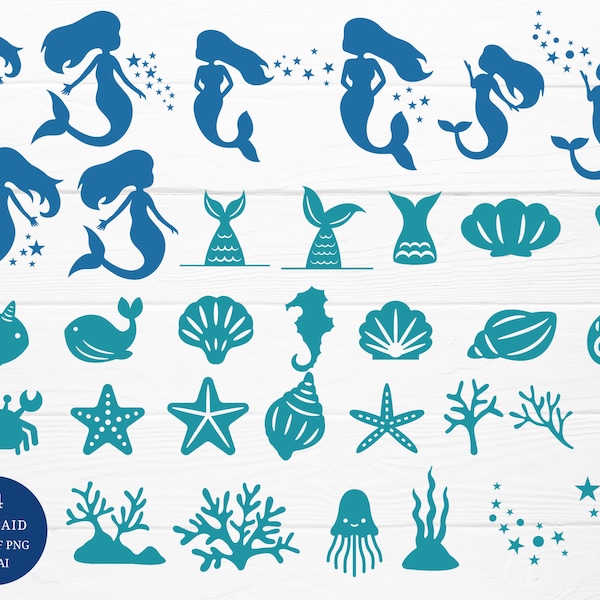 34 sirena cartone animato bundle svg, file di taglio, pesce animali dell'oceano, conchiglia, clipart SVG per file di taglio, stile disegnato a mano animale, svg, png, eps, per cricut