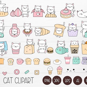 Clipart de dessin animé de chats, doodle de chat kawaii, icônes Illustration d'animal de compagnie, pour autocollants Planner. Illustration vectorielle