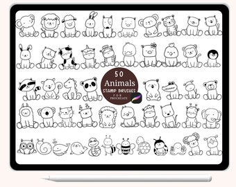 50 Animals Procreate Stamps, Cute Animal Cartoon Doodle,hand drawn, Brush for Procreate