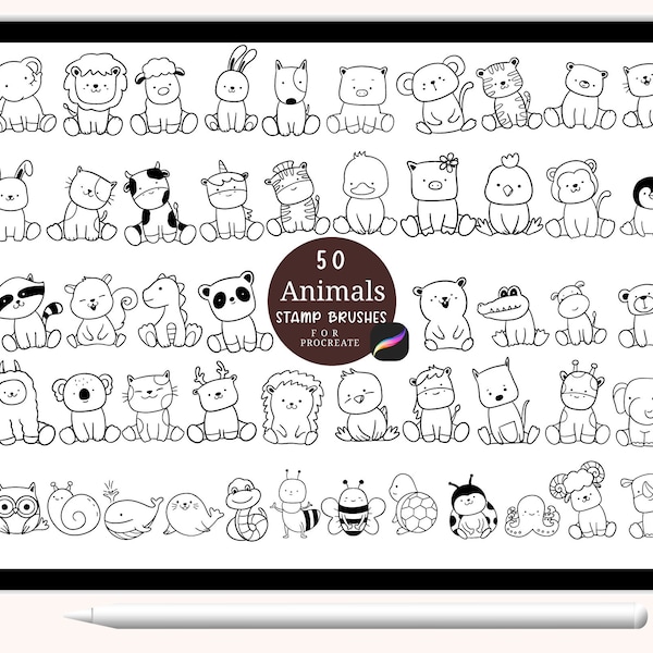 50 Animals Procreate Stamps, Cute Animal Cartoon Doodle,hand drawn, Brush for Procreate