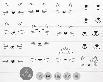 May include: A set of 20 black and white cat face illustrations. The illustrations include different expressions, including hearts, smiles, and whiskers. The illustrations are perfect for crafting projects, scrapbooking, and digital design.