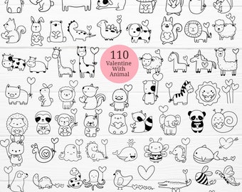 110 Animals With Valentine Bundle SVG For Cut file, animal hand drawn,love sv,style,svg,dxf,png,eps, for cricut Silhouette,Cameo