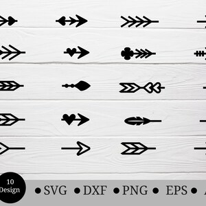 May include: Set of 10 black and white arrow designs. The arrows are in various styles, including simple, feathered, and with hearts. The designs are perfect for crafting, scrapbooking, and other creative projects.