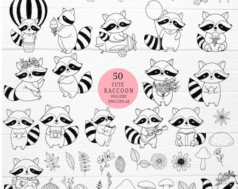 Raccoon cartoon bundle svg wild animal cute raccoon cut file, animals flower svg, wildflower,animal hand drawn style,svg,png,eps, for cricut