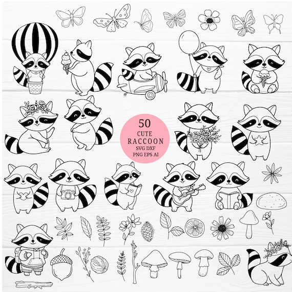 Raccoon cartoon bundle svg wild animal cute raccoon cut file, animals flower svg, wildflower,animal hand drawn style,svg,png,eps, for cricut