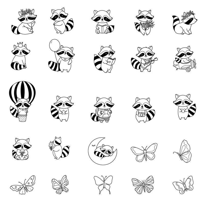 May include: A set of 25 black and white illustrations featuring a raccoon in various activities, including reading, playing music, flying in a hot air balloon, and sleeping on a crescent moon. The illustrations also include butterflies.