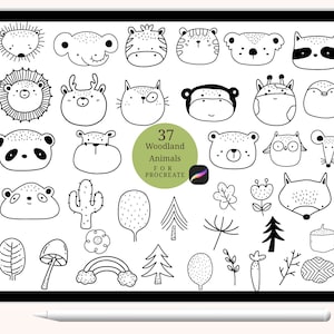 Peut inclure: Un ensemble de 37 illustrations en noir et blanc d'animaux de la forêt et d'éléments de la nature. Les illustrations sont dans un style simple et cartoon et sont parfaites pour une utilisation dans l'art numérique ou l'artisanat.
