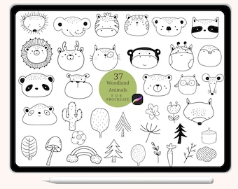 37 Woodland Animals Bundle Stamp Procreate,Forest Head Animal Outline,Abstract,Doodle,hand drawn,brush,cute animals cartoon,wild animals