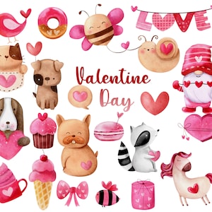 Valentine Aquarell Clipart Bundle Herz, Liebe, Tiere Aquarell, Gnom Aquarell, Katze, Hund Aquarell digitaler Download, Eiscreme, Liebe
