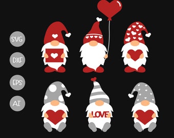 May include: Six Valentine's Day gnomes with red and white hats, holding hearts and a balloon. The gnomes are wearing white beards and have red cheeks.