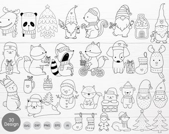 May include: A set of 30 black and white Christmas-themed illustrations featuring animals, gnomes, and holiday objects. The illustrations are in a simple, cartoon style and include a variety of characters, such as a fox riding a bicycle, a cat wearing a Santa hat, and a snowman.
