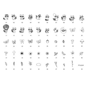 May include: A set of 50 black and white illustrations featuring raccoons, butterflies, mushrooms, acorns, leaves, and other nature-themed elements. The illustrations are numbered 1 through 50.
