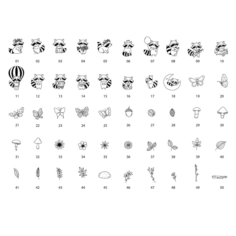 May include: A set of 50 black and white illustrations featuring raccoons, butterflies, mushrooms, acorns, leaves, and other nature-themed elements. The illustrations are numbered 1 through 50.