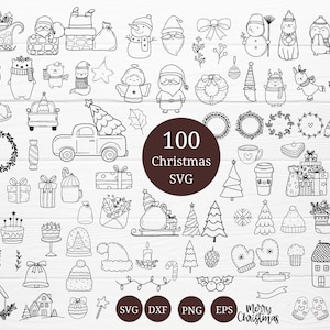 100 Pacote de Natal SVG para arquivo de corte, Árvore de Natal, enfeites Doodle, desenhado à mão, Desenho animado, svg, dxf, png, eps, para cricut Silhueta, Cameo,