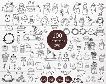 100 Christmas Bundle SVG For Cut File,Christmas Tree,ornaments Doodle, hand drawn,Cartoon, svg,dxf,png,eps, for cricut Silhouette,Cameo,