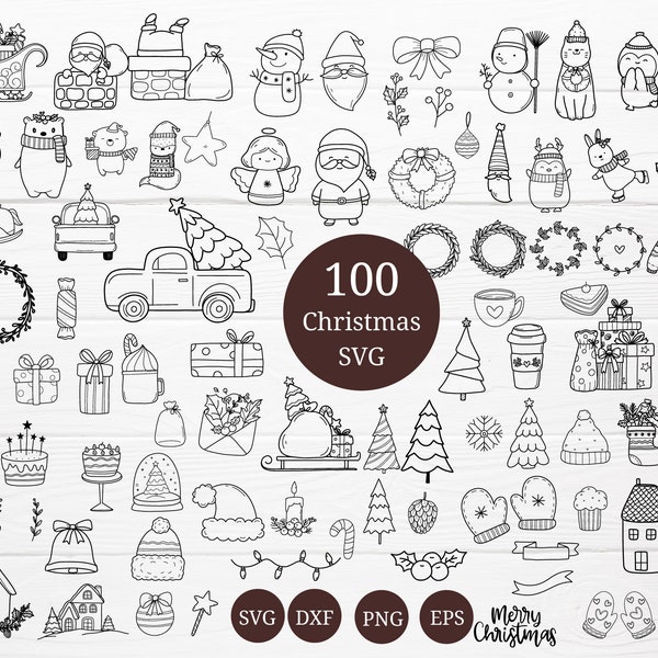 100 Weihnachten Bundle SVG für Cut-Datei, Weihnachtsbaum, Ornamente Doodle, handgezeichnet, Cartoon, svg, dxf,png,eps, für Cricut Silhouette, Cameo,
