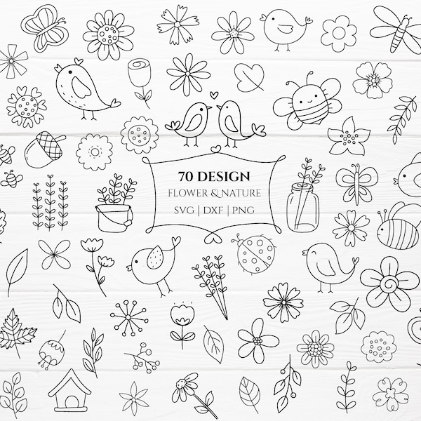 70 Flower leaf animal bundle svg, fichier coupé, oiseau, fleur nature SVG Pour le fichier Cut, doodle style dessiné à la main, svg, png, eps, pour cricut