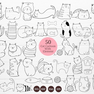 Pacote de 50 desenhos animados de gatos SVG para arquivo de corte, animal desenhado à mão, desenho animado de personagem, gato fofo, rabisco, para cricut Silhouette, Cameo