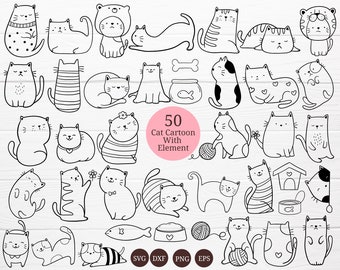 50 Katzen Cartoon Bundle SVG For Cut Datei, Tier Hand gezeichnet, Charakter Cartoon, niedliche Katze, Doodle, für cricut Silhouette, Cameo