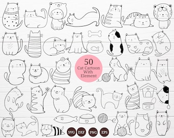 50 Katzen Cartoon Bundle SVG For Cut Datei, Tier Hand gezeichnet, Charakter Cartoon, niedliche Katze, Doodle, für cricut Silhouette, Cameo